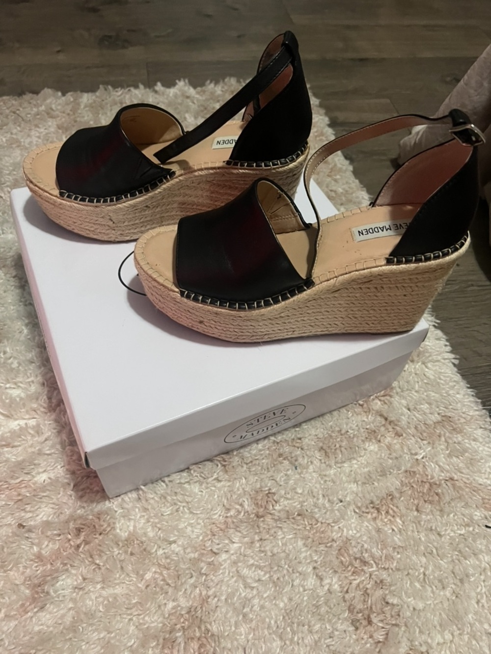 Steve Madden Black Leather Espadrille Wedge Sandals